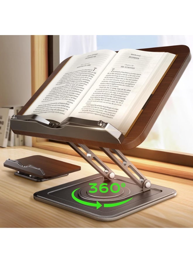 Bukela Book Stand for Reading, Adjustable Book Holder with 360°Rotating Bases, Ergonomic Cookbook Stand Recipe Book Holder with Elastic Page Clips for Magazines, Tablets, Laptops - Image 1